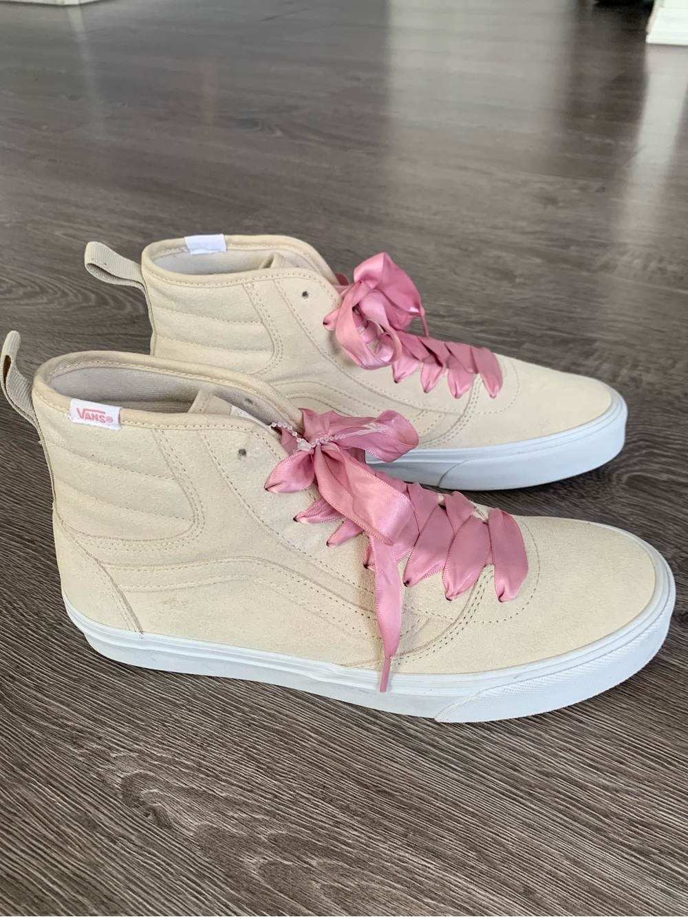 Vans Cream High-Top Sneakers with Pink Satin Laces